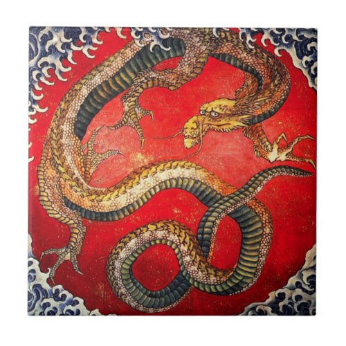 Hokusai Gold Japanese Dragon Tile