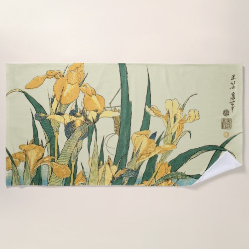 Hokusai grasshopper and iris Japan Beach Towel
