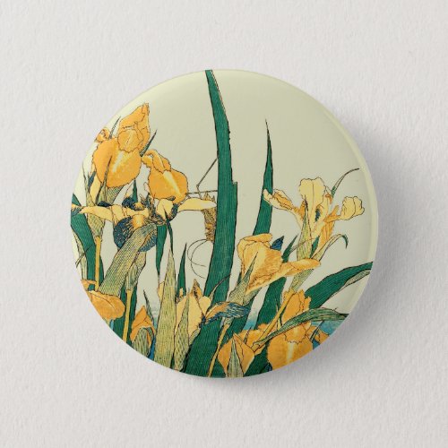 Hokusai grasshopper and iris Japan Button