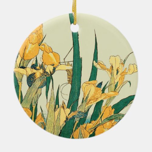 Hokusai grasshopper and iris Japan Ceramic Ornament