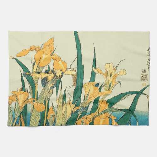 Hokusai grasshopper and iris Japan Kitchen Towel