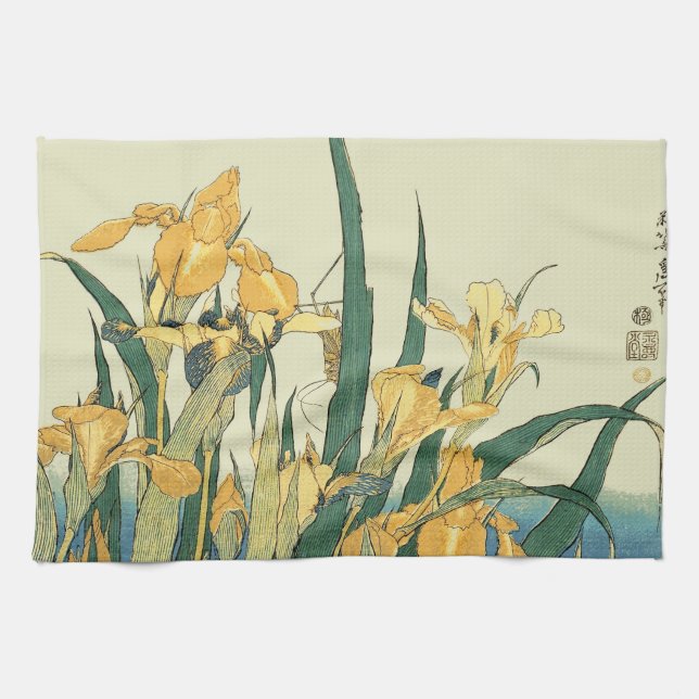 Hokusai grasshopper and iris Japan Kitchen Towel (Horizontal)