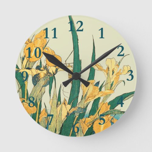 Hokusai grasshopper and iris Japan Round Clock