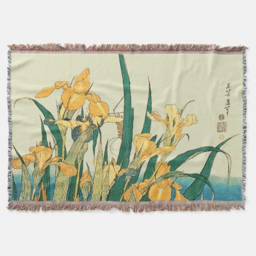 Hokusai grasshopper and iris Japan Throw Blanket