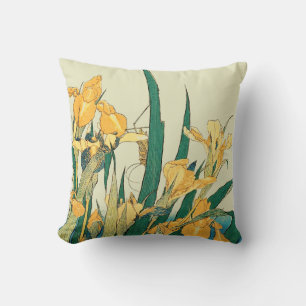 Hokusai grasshopper and iris Japan Throw Pillow