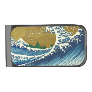 Hokusai Great Wave Pattern: Japanese Ukiyo-e Art Gunmetal Finish Money Clip