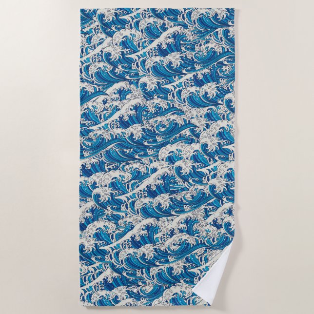 Hokusai Great Wave Pattern Nautical Blue Ocean Beach Towel (Front)