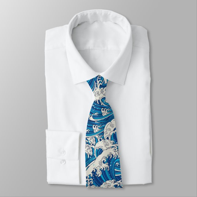 Hokusai Great Wave Pattern Nautical Blue Ocean Neck Tie (Tied)