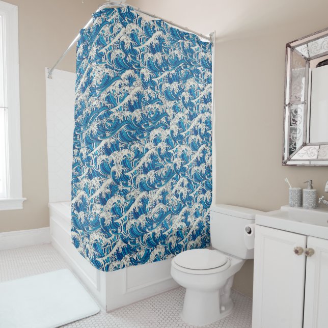 Hokusai Great Wave Pattern Nautical Blue Ocean Shower Curtain (In Situ)