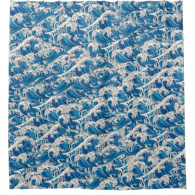 Hokusai Great Wave Pattern Nautical Blue Ocean Shower Curtain (Front)