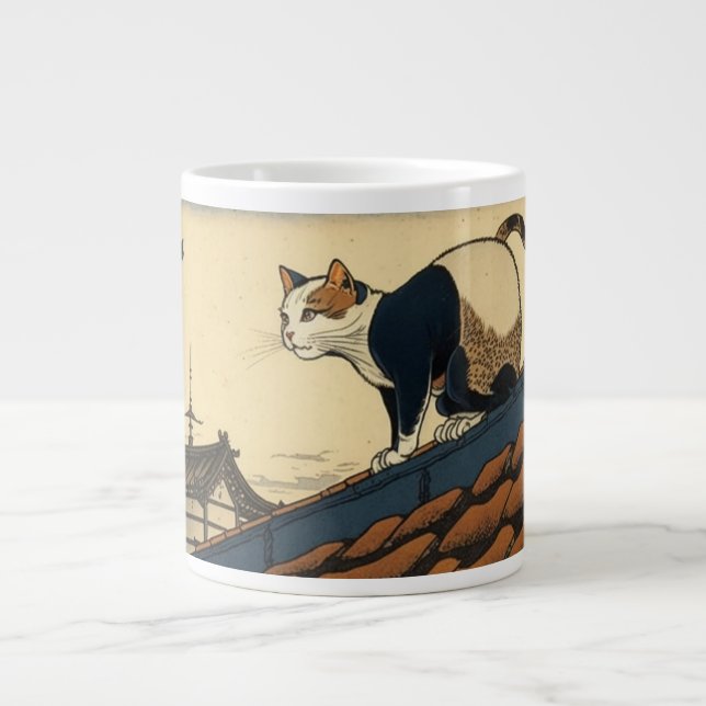 Hokusai inspired art with a cute cat giant coffee mug (Front)