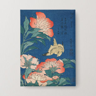 Hokusai Japanese Art Peonies and Canary Bird Button