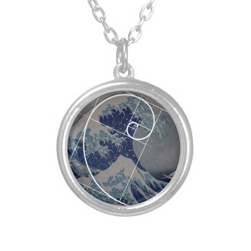 Hokusai Meets Fibonacci Golden Ratio Silver Plated Necklace