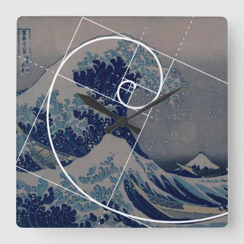 Hokusai Meets Fibonacci Golden Ratio Square Wall Clock