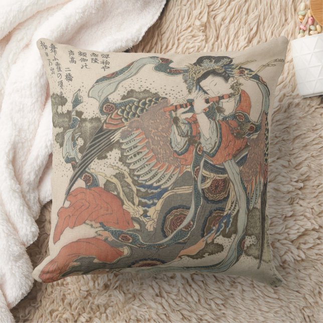 Hokusai Mystical Bird T-Shirt Throw Pillow (Blanket)