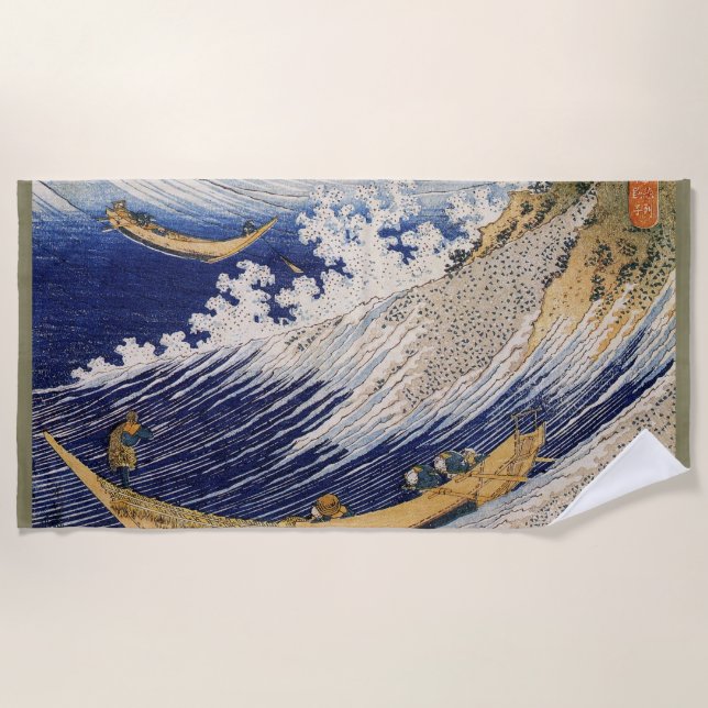 Hokusai Ocean Waves Sea Boats Beach Towel (Front)