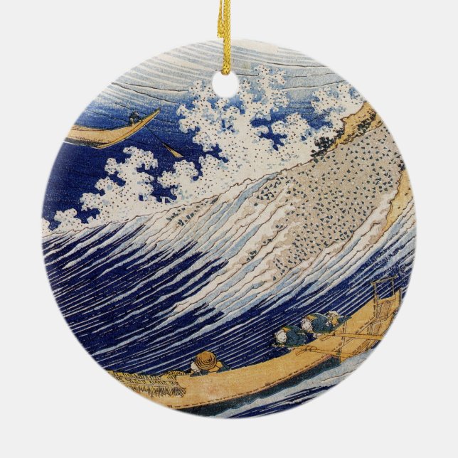 Hokusai Ocean Waves Sea Boats Ceramic Ornament (Back)