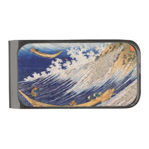 Hokusai Ocean Waves Sea Boats Gunmetal Finish Money Clip