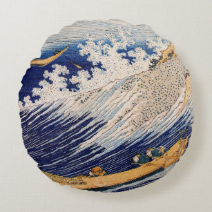 Hokusai Ocean Waves Sea Boats Round Pillow
