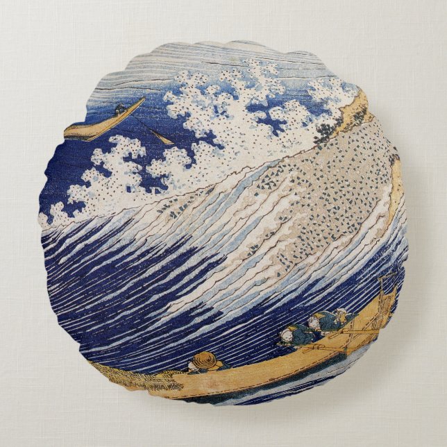 Hokusai Ocean Waves Sea Boats Round Pillow (Front)