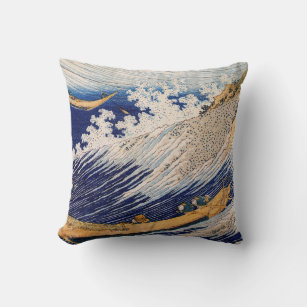 Hokusai Ocean Waves Sea Boats Throw Pillow