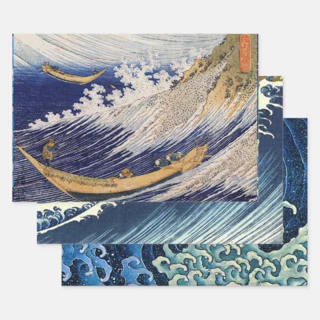 Hokusai Ocean Waves Sea Boats Wrapping Paper Sheets (Set)