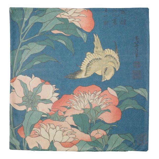 Hokusai Peonies and Canary Queen Duvet Cover (Back)