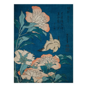 Hokusai Peonies and Canary Vintage GalleryHD Poster