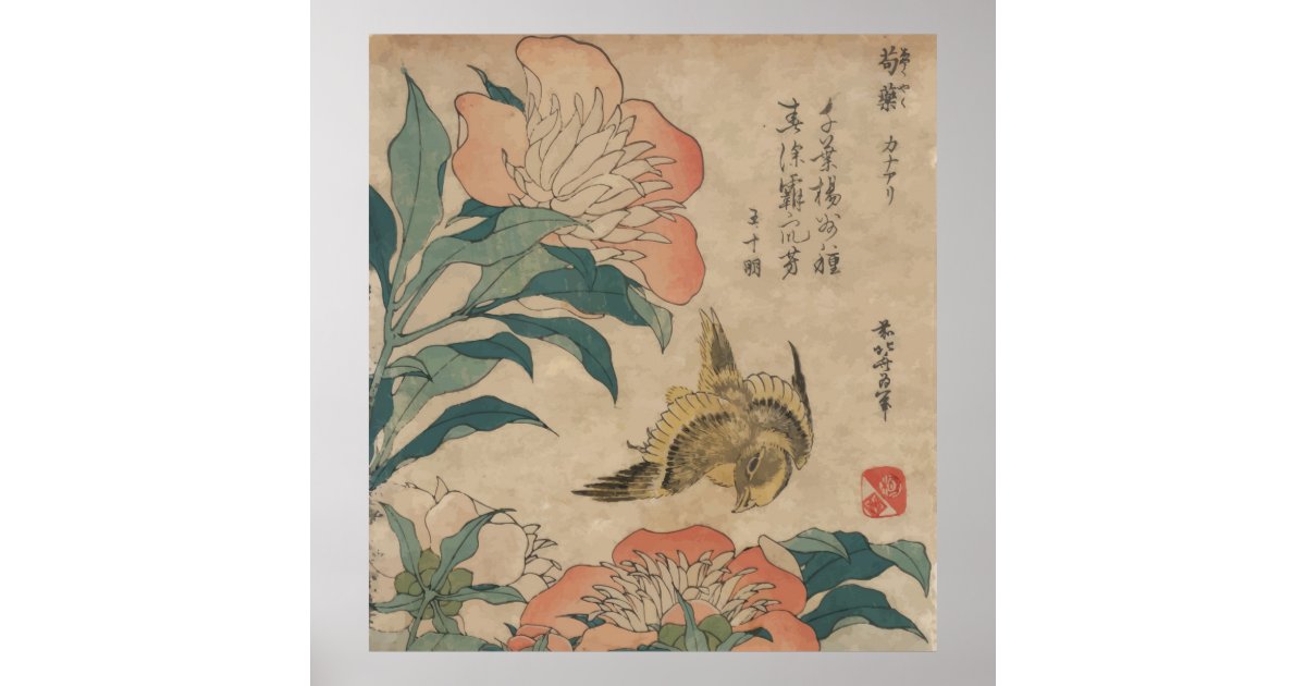 Hokusai Peony and Canary Poster | Zazzle