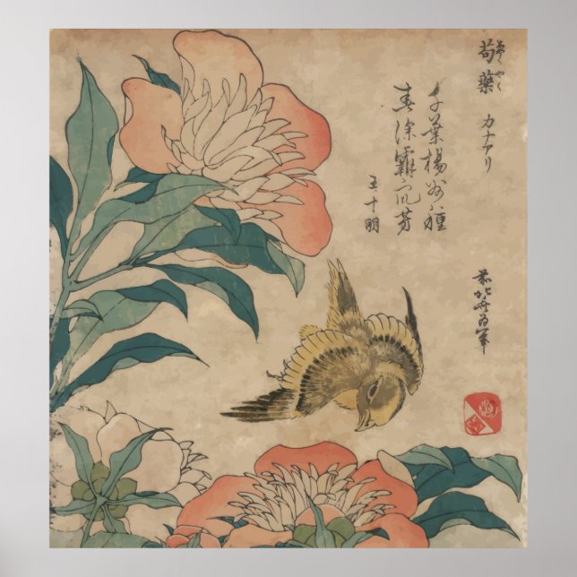 Hokusai Peony and Canary Poster (Front)