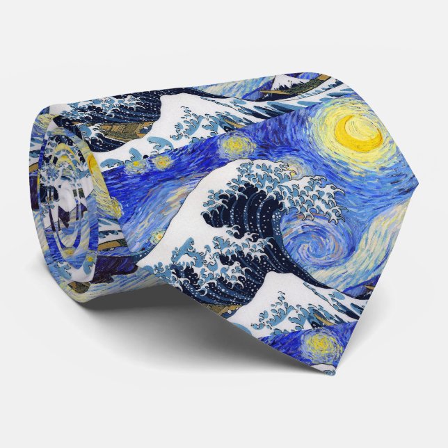 Hokusai , “ The Great Wave off Kanagawa ” + Gogh 2 Neck Tie (Rolled)