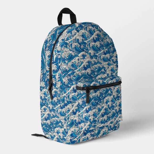 Hokusai the Great Wave Pattern Nautical Blue wave Printed Backpack (Back Corner Left)