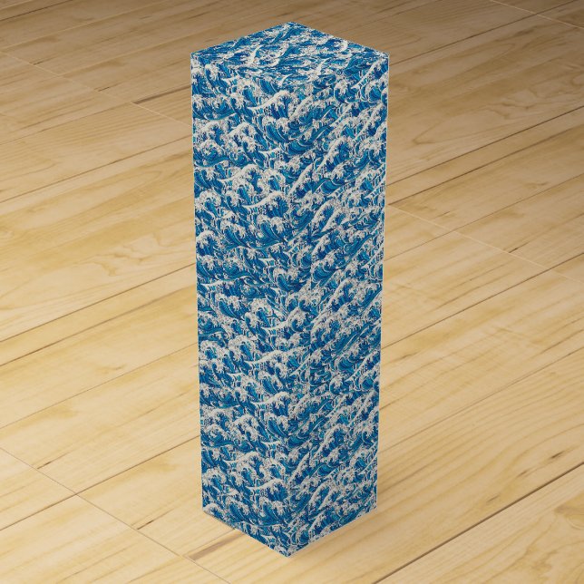 Hokusai the Great Wave Pattern Nautical Blue wave Wine Box (Front)