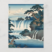 Hokusai Ukiyo-e Japanese Waterfall Landscape Blue 