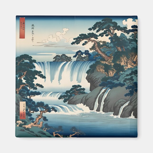 Hokusai Ukiyo-e Japanese Waterfall Landscape Blue  Magnet (Front)