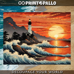 Hokusai waves style with lighthouse coastal tissue paper