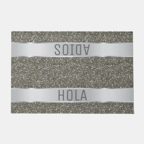 Hola Adios Spanish Typography Silver Glitter Doormat