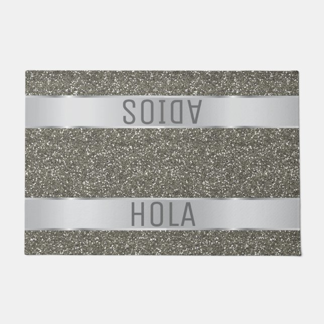 Hola Adios Spanish Typography Silver Glitter Doormat (Front)