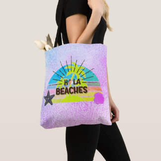 Hola beaches sun,beach silver blue pink palms tote bag