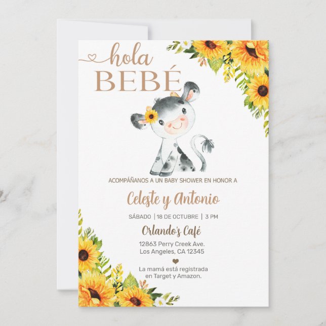 Hola bebé cow girl baby shower invite, Spanish. Invitation (Front)