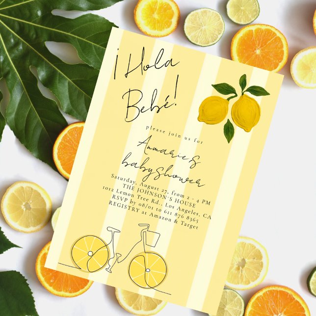 Hola Bebe Yellow Stripes Lemons Baby Shower Invitation (Creator Uploaded)