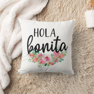 Hola Bonita Spanish Roses Typography Chic Modern Throw Pillow