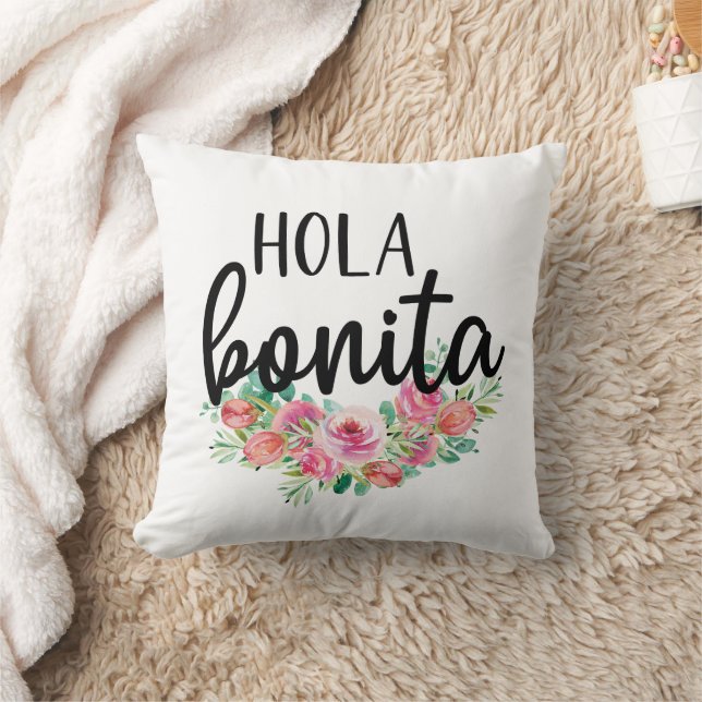 Hola Bonita Spanish Roses Typography Chic Modern Throw Pillow (Blanket)