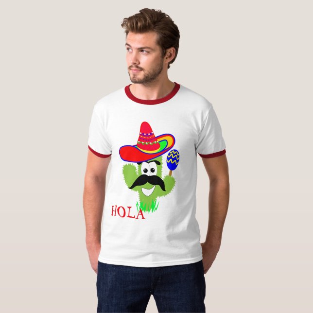 Hola Cute Mexican Sombrero Cactus Funny Graphic T-Shirt (Front Full)