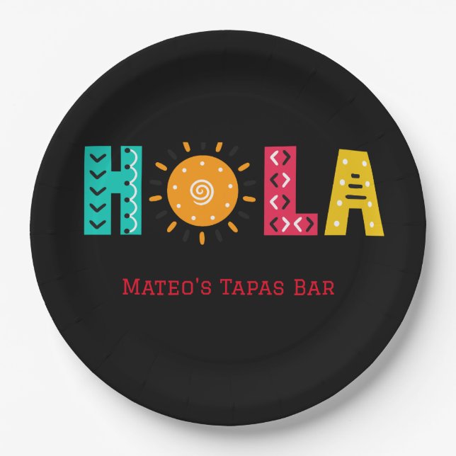 HOLA! Having a tapas party?  Editable image & text Paper Plates (Front)