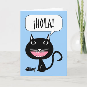 Hola, Hello Card in Spanish, Black Cat with Fish
