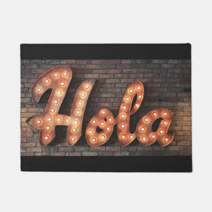 Hola in a vintage lighted metal sign photo doormat