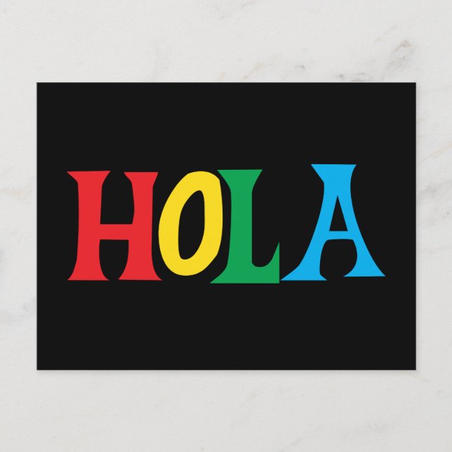 Hola in colorful typographic design postcard (Front)