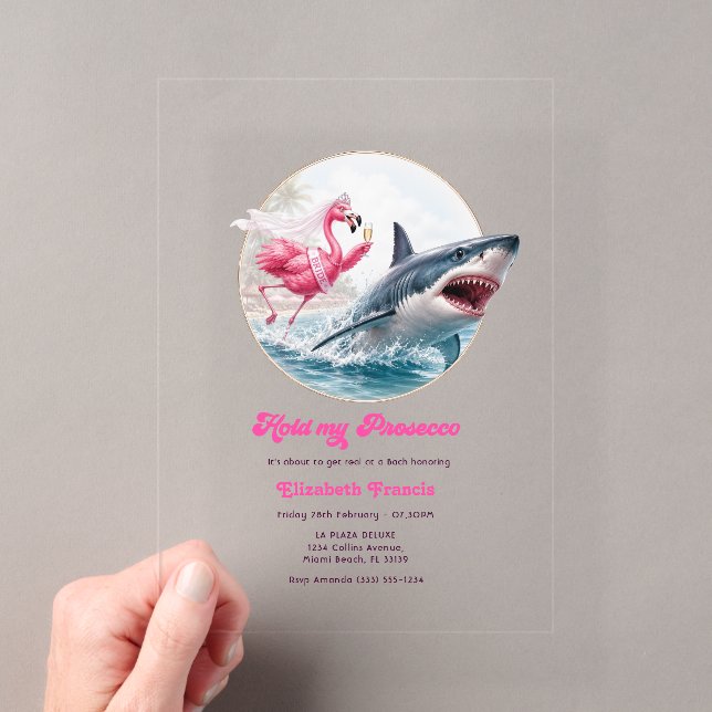 Hold My Prosecco Funny Flamingo Beach Bachelorette Acrylic Invitations (Insitu (Handheld))