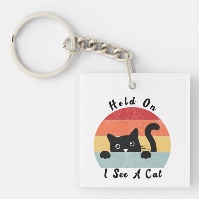 Hold On I See A Cat, Funny Cat Keychain (Front)